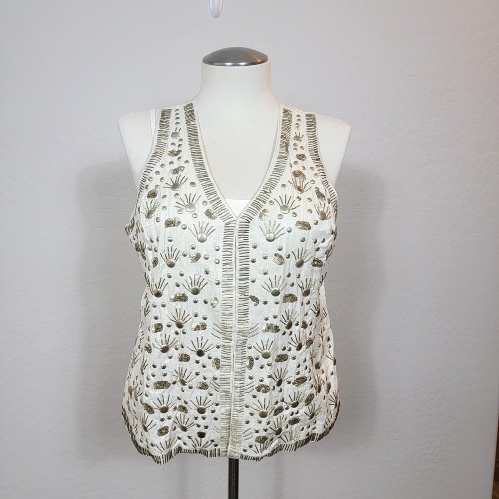 Chicos Beaded Vest Women Size 2 LG Ivory Gold Beaded Olivia Trinket Embellished